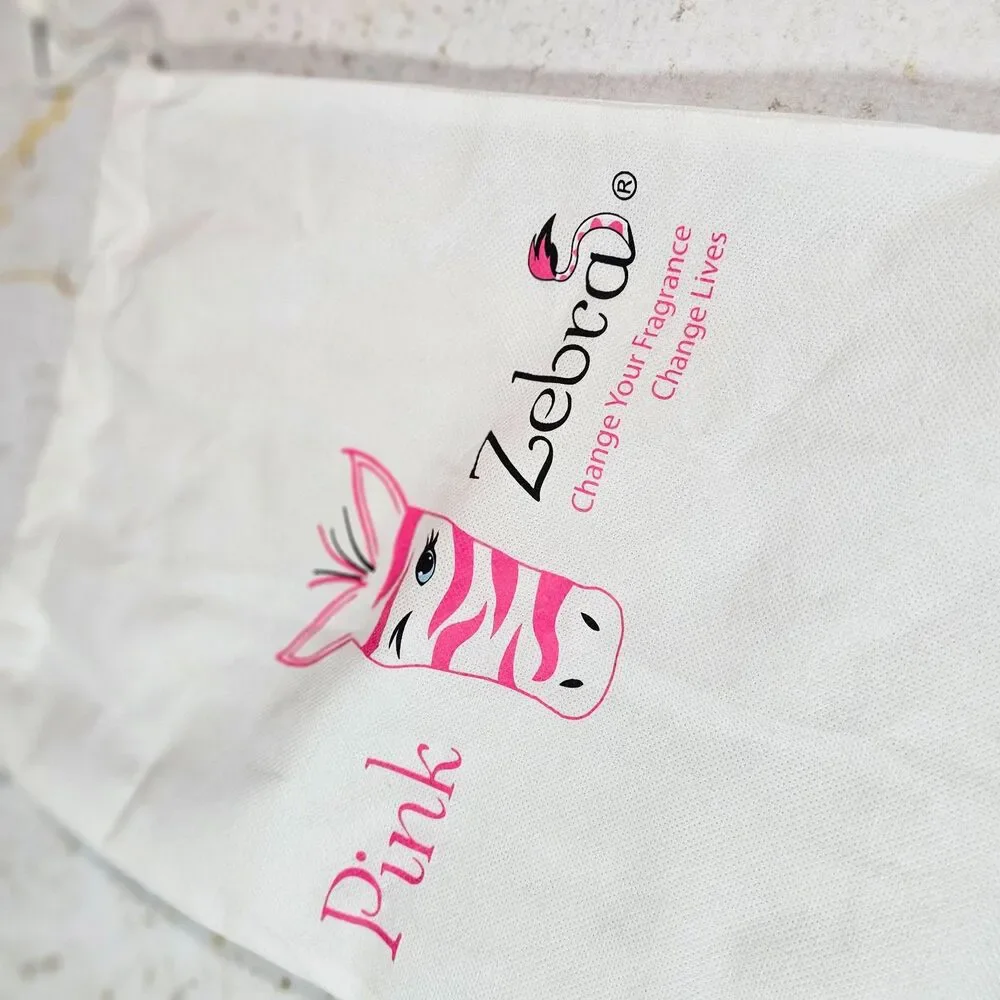 Pink Zebra Drawstring Dust Bag White Travel Storage Gift Bag EUC 10x14 Logo